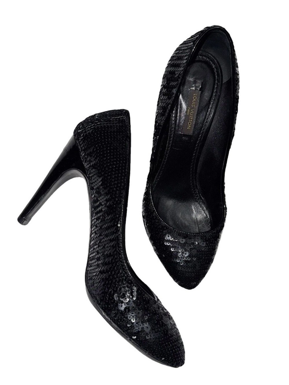Louis Vuitton AUTHENTIC Black Sequin Heels sz 37.5